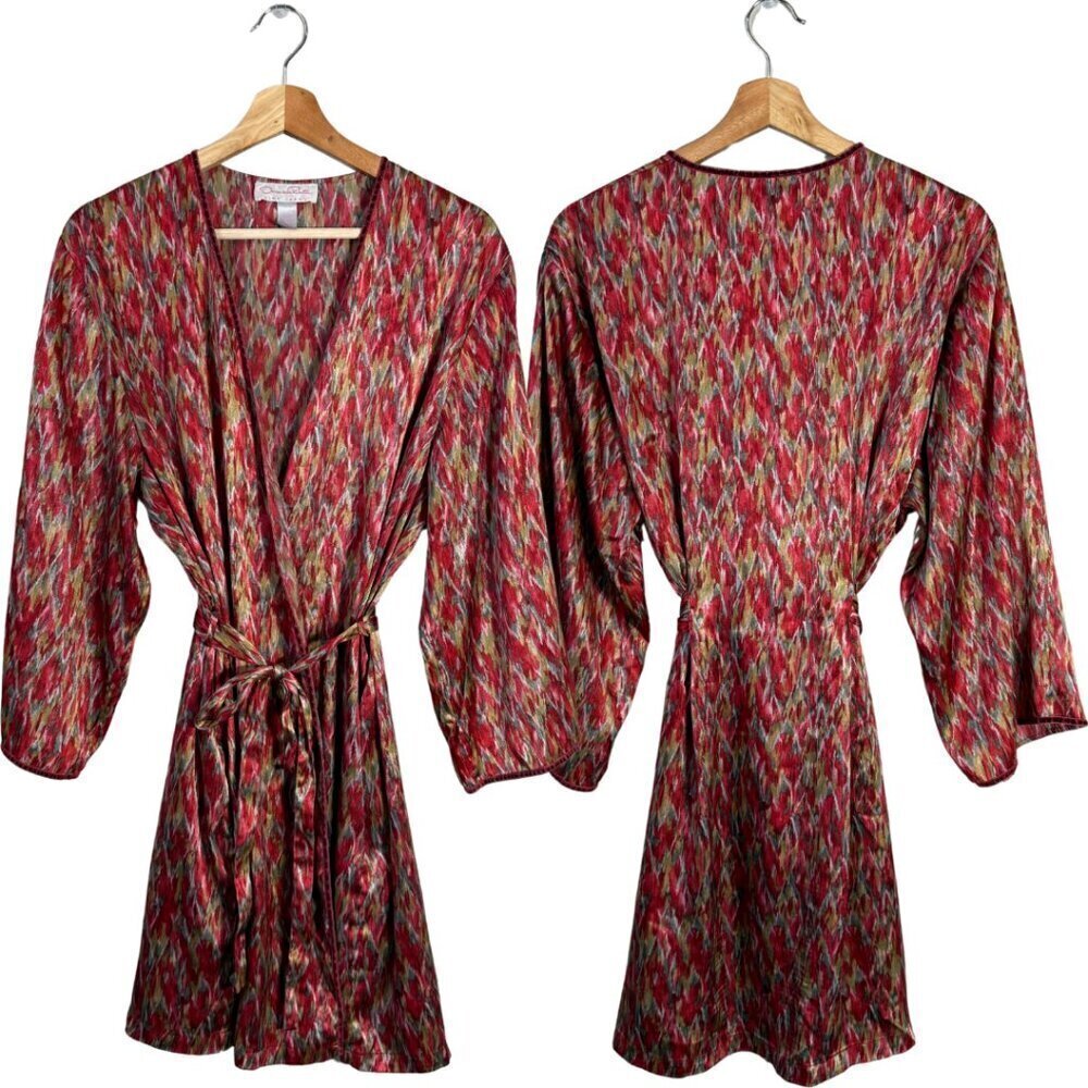 Vintage Oscar de la Renta Pink Label Printed Satin Robe Women's Large Red Belted - Picture 1 of 12